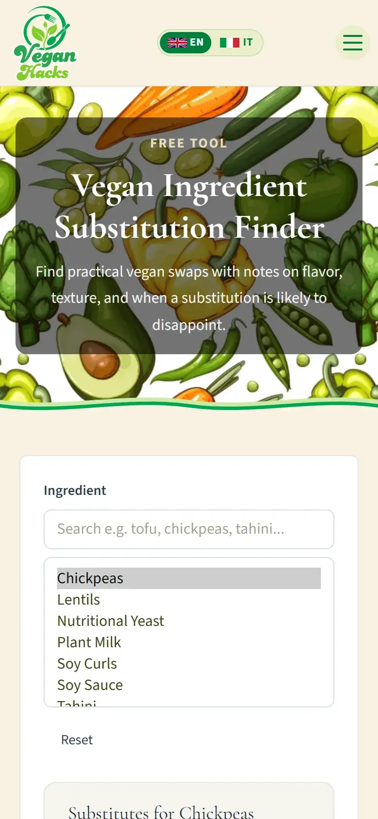 Mobile view of the Vegan Hacks Ingredient Substitution Finder with a search box and a list of ingredients including chickpeas, lentils, nutritional yeast and plant milk
