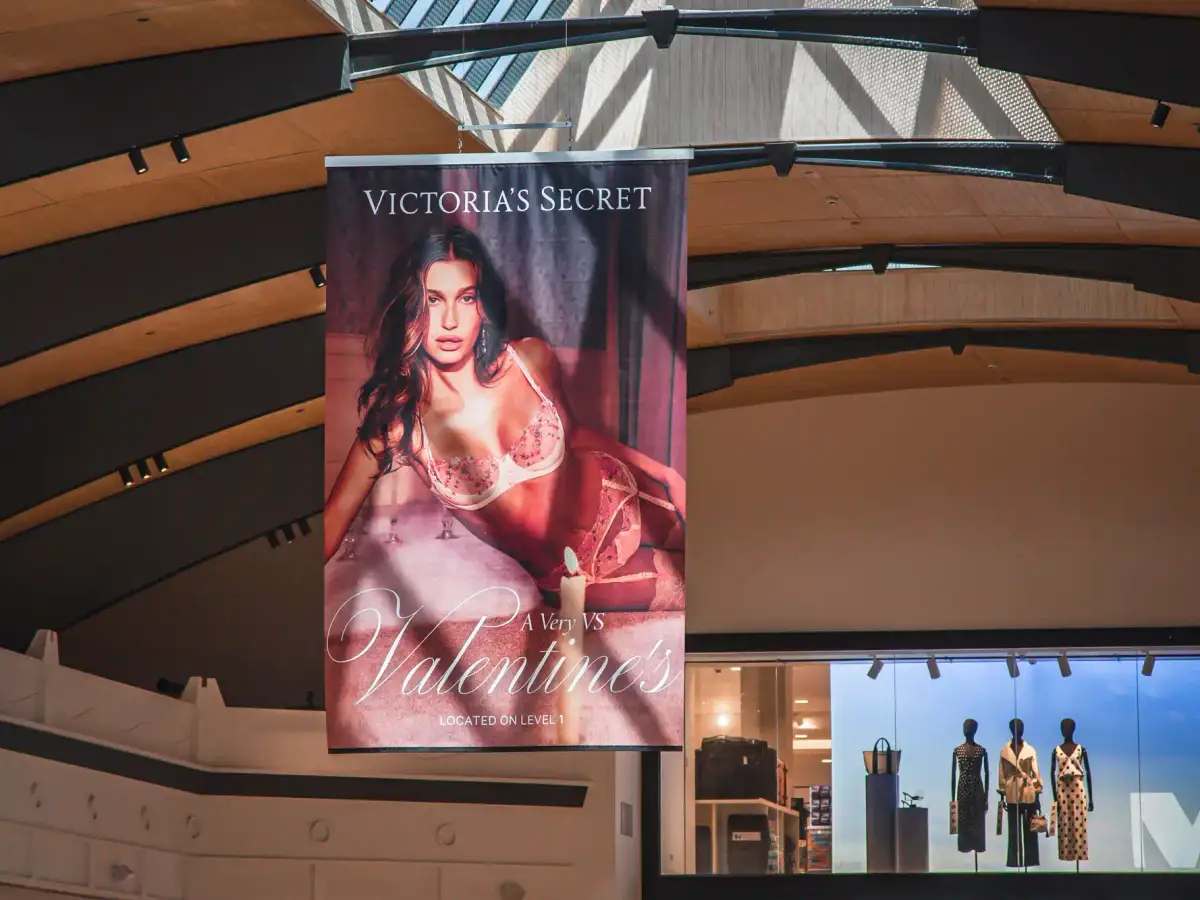 Victoria's Secret Valentine's promotional banner hanging inside Karrinyup Shopping Centre atrium