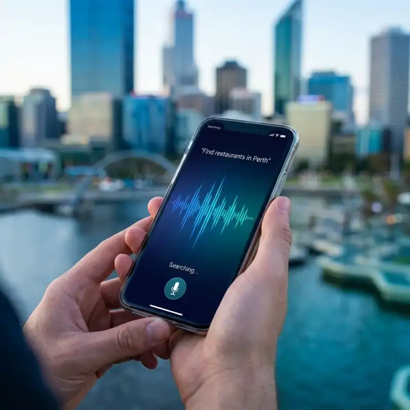 Person using voice search on smartphone to find restaurants in Perth with voice wave visualisation