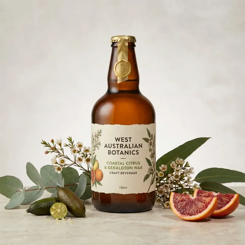 Professional packshot of a WA craft beverage bottle with natural ingredients styled around it.