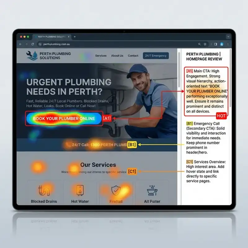 Conversion-focused homepage review for a Perth business website with CTA annotations