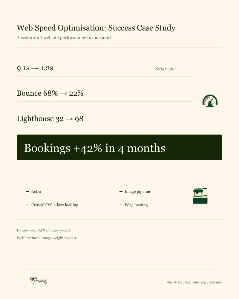 Restaurant website speed case study with three before-and-after measures above an inverted band reading bookings up 42 per cent in four months