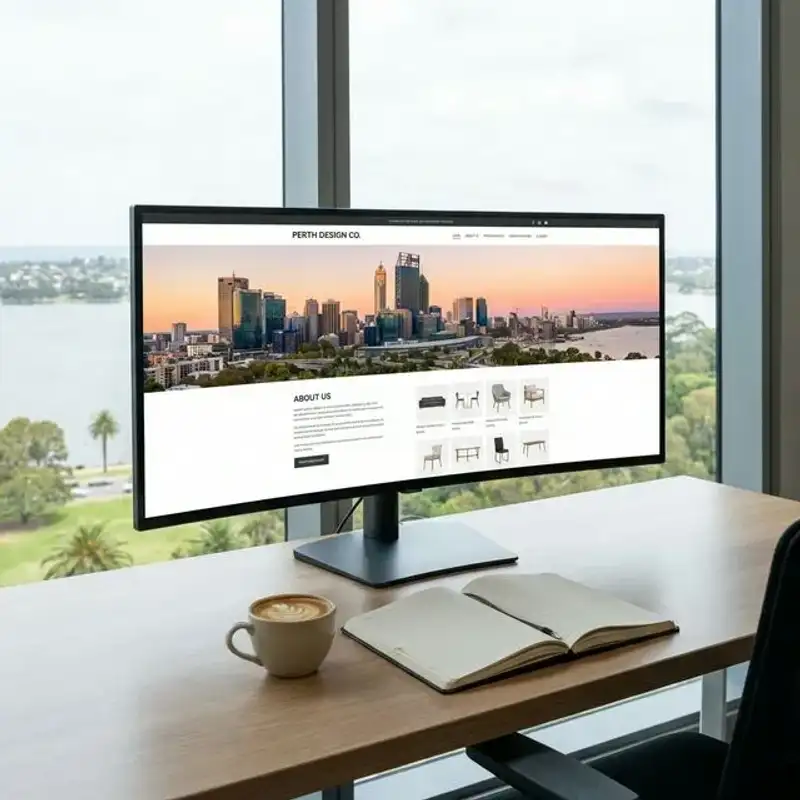 Perth business website displayed on monitor showing professional photography across hero section about page and product grid