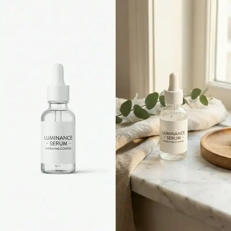 Split comparison showing the same product as a white background packshot and a styled lifestyle scene