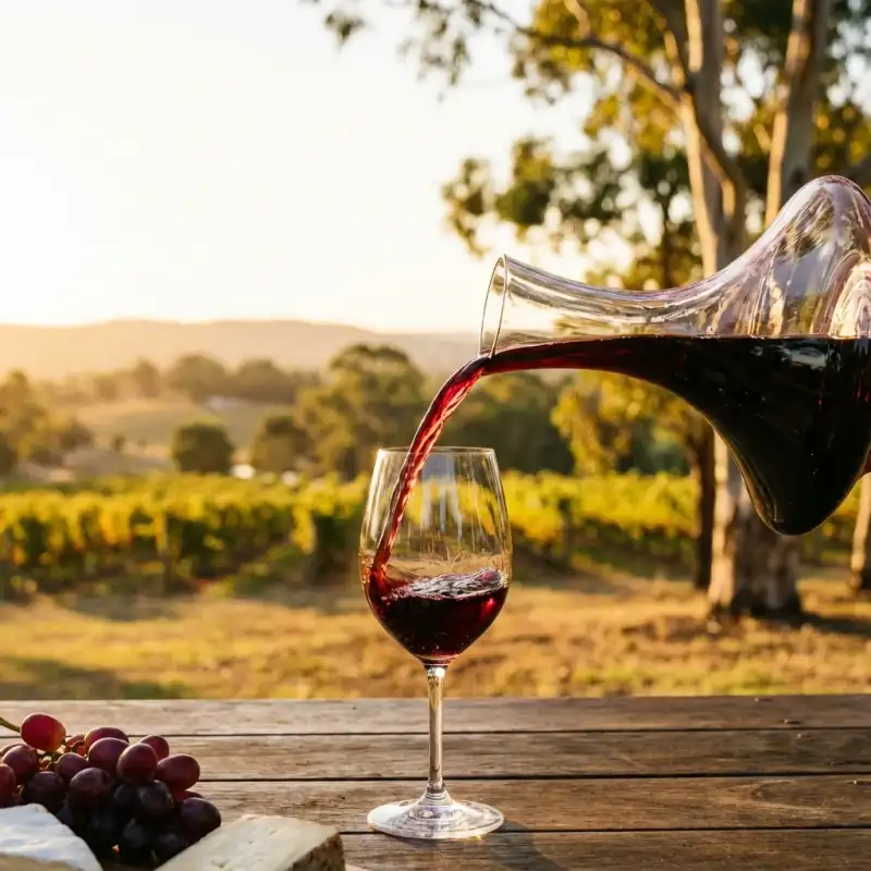 Elegant wine pouring shot with Swan Valley vineyard in golden hour background